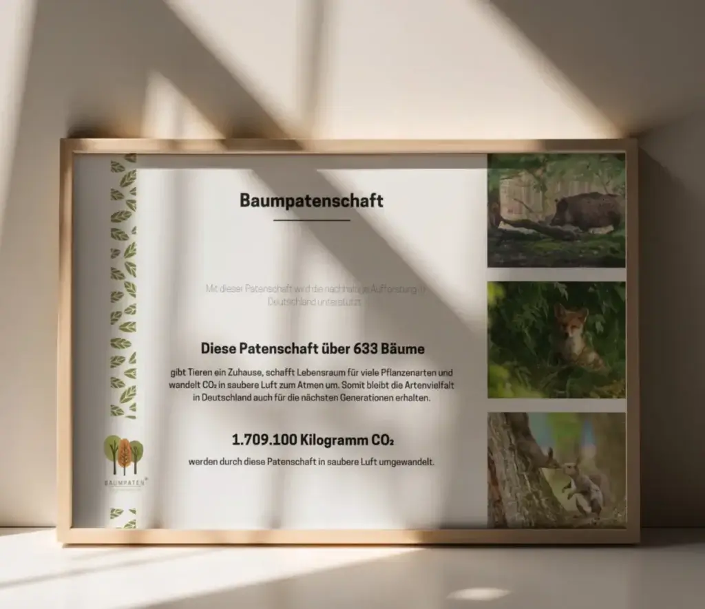 Baumpatenschaftszertifikat. Nachhaltig drucken mit Beltz Grafische Betriebe.